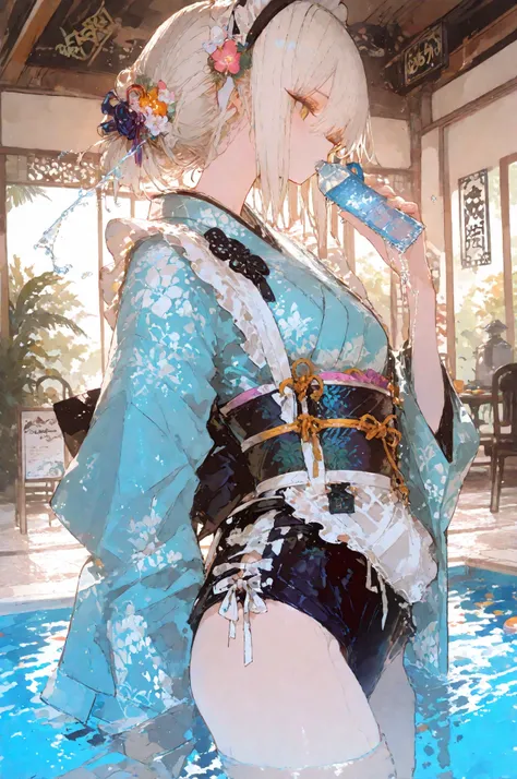 1girl, perfect anatomy, masterpiece, Highest Quality, very aesthetic, Ultra Details, best illustration, Unity 8k 壁紙, 100 Layers, complicated, Overall Details, maid cafe, kimono swimsuit, Adorable Maid, Welcome master, elegant, cute, Japanese maid, playi...