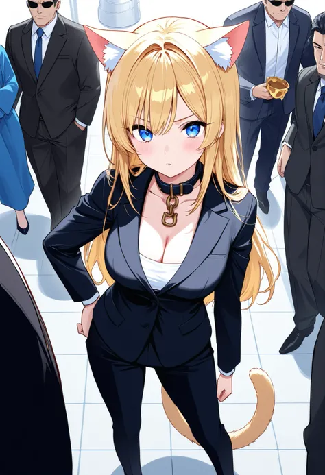 The boss's pet Beautiful girl Cat ears collar chain A man in a suit is standing next to him