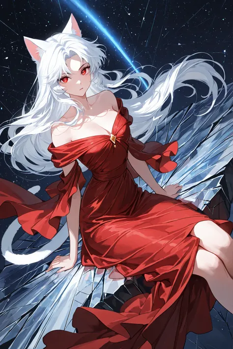 1 beautiful woman with long white hair, cat ears, cat tail, powerful, poised expression, she wears beautiful red gown, dynamic angle, flying, sitting on a shattered cresent moon, starlit sky