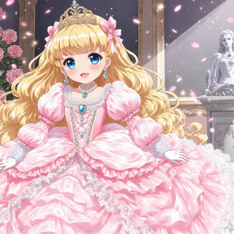 anime style illustrations, Adorable Princess, Little Girl,Short Height,pretty girl character, Character Features:
- Long fluffy golden hair
- Big Eyes,blue eyes
- Long eyelashes, A gentle smile
- Lustrous lips
- small golden crown dress design:
- Pastel P...