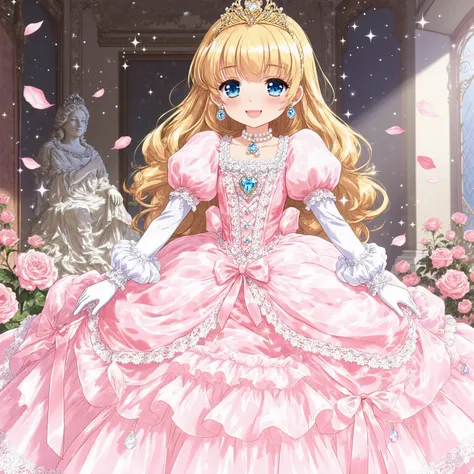 anime style illustrations, Adorable Princess, Little Girl,Short Height,pretty girl character, Character Features:
- Long fluffy golden hair
- Big Eyes,blue eyes
- Long eyelashes, A gentle smile
- Lustrous lips
- small golden crown dress design:
- Pastel P...