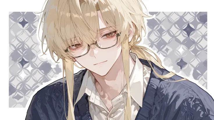 점수_9, 점수_8_위로, 점수_7_위로, Solo, Watercolor, 1 male, long hair, blonde hair, low ponytail, hair cascading on right shoulder, brown Eyes, wears blue cardigan with white collared shirt underneath, skin, Simple Accessories, thin rimmed glasses, simple gray patte...
