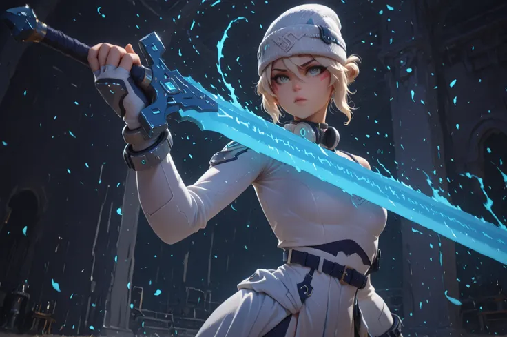 masterpiece, high resolution, 4k, best quality, solo female character, SAME as Kiriko K-pop (inspired by LE SSERAFIM Blue Frame), stylish white beanie, ultra-detailed, alone, light blonde hair with gray tones, short hair SAME as Kikiko (LE SSERAFIM), blue ...