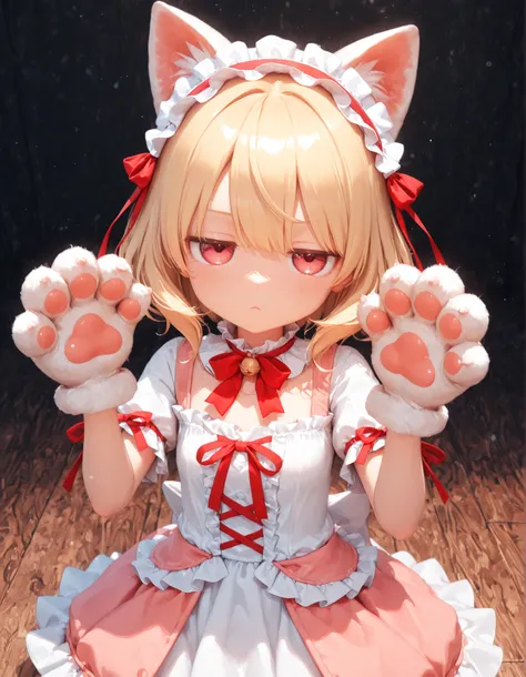 masterpiece, best quality, very aesthetic, 1girl, jitome, half-closed eyes, cat ear hairband, sleeve ribbon, overskirt, fluffy, cat paws, paw gloves, claw pose, ribbon, frilled bow, frilled hairband, 3d,