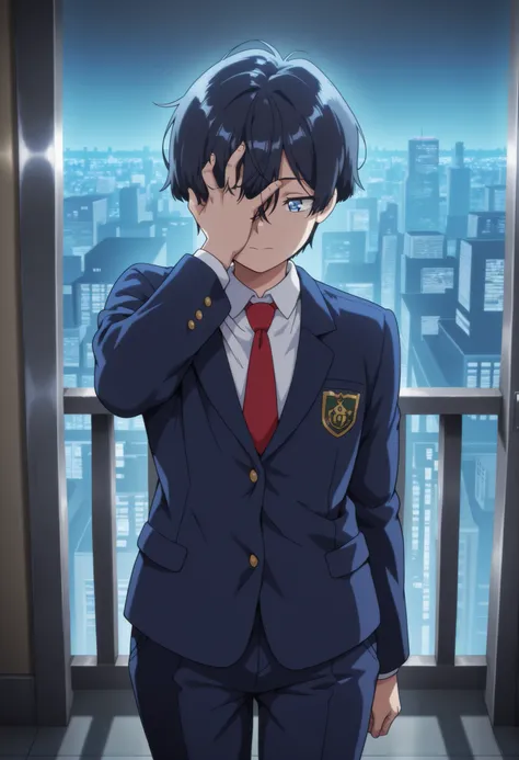 High Quality,masterpiece,detailed description,bright shadows,solo,cool,one boy, blazer school uniform,white shirt,red tie,dark blue pants,Cowboy Shot,Hiding one eye with hair,long bangs,eyes at the gate,cool face,blue eyes,dark haired,short hair,pale effec...