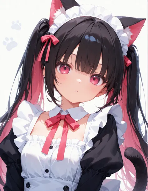 1 girl, long straight twin tails, dark pink, black inner color, black cat ears and cat tail, upper body only, maid clothes, white, fluffy,