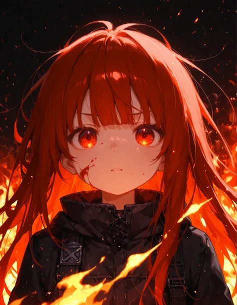 1girl, close-up, upper body, serious expression, cold empty eye, one eye glowing yellow, blood splatter on face, blood on cheek, intense gaze, slightly furrowed brows, long red hair, straight bangs, long hair, loose hair, messy hair, strands of hair on fac...