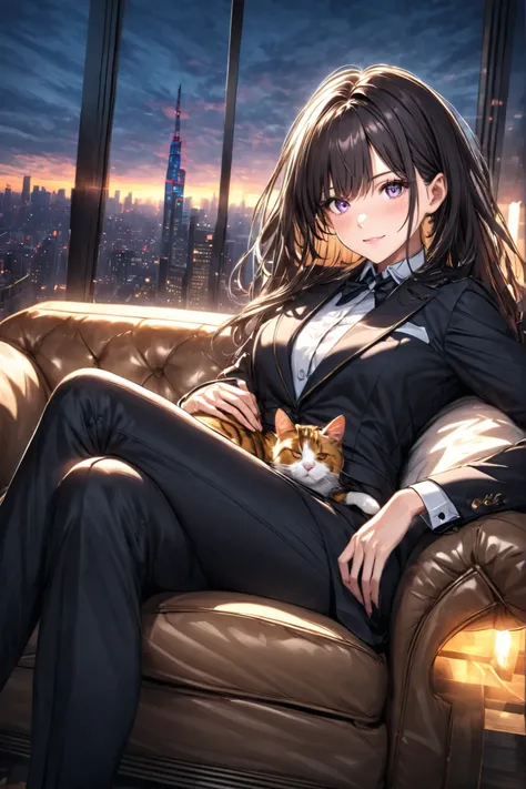 a majestic woman sitting confidently on a luxurious sofa, crossing her legs, in a lavish penthouse suite on the top floor of a skyscraper, wearing an elegant, branded high-end suit, sophisticated and powerful expression, golden interior details, floor-to-c...