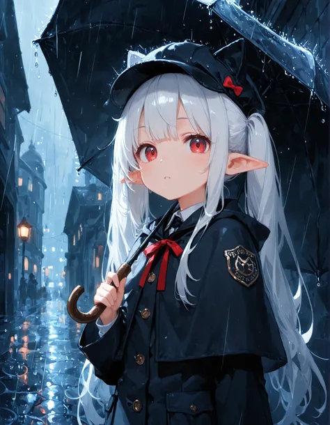 masterpiece, best quality, very aesthetic, 1girl,, Elf girl with a white long hair with a pigtails, cat ears accessory on the head, red eyes, rainy, with a dark city on the background, black detective clothes, looking at the viewer.