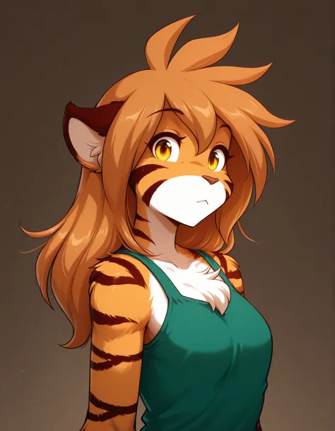 masterpiece, best quality, very aesthetic, 1girl,, furry, solo, flora-twokinds, flora_twokinds,, tiger, striped fur, keidran, yellow eyes, anthro,, green shirt