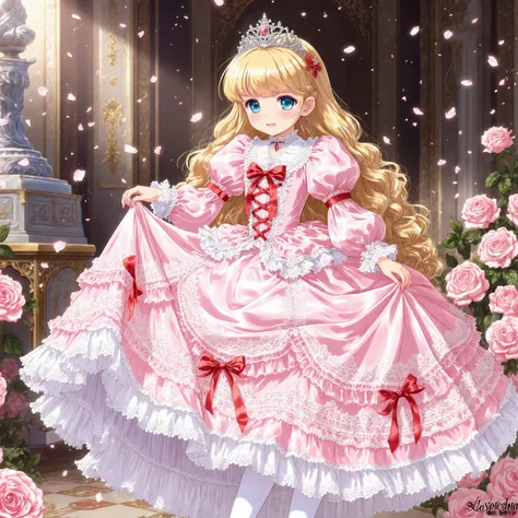 highest quality, masterpiece, highest resolution, artwork, super detailed, retro anime style,hi vision,((A little girl is a princess,short body height:1.3)),blond long hair,She is skirt lift with her hand,((pink Ball gown dress:1.0)),,round hoop skirt,Lots...