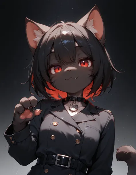masterpiece, best quality, very aesthetic, 1girl, solo, white background, looking at viewer, portrait, paw pose, :3, furry female, cat girl, animal ears, black hair, short hair, black skin, red eyes, cat tail, black jacket, buttons, long sleeves, black bel...