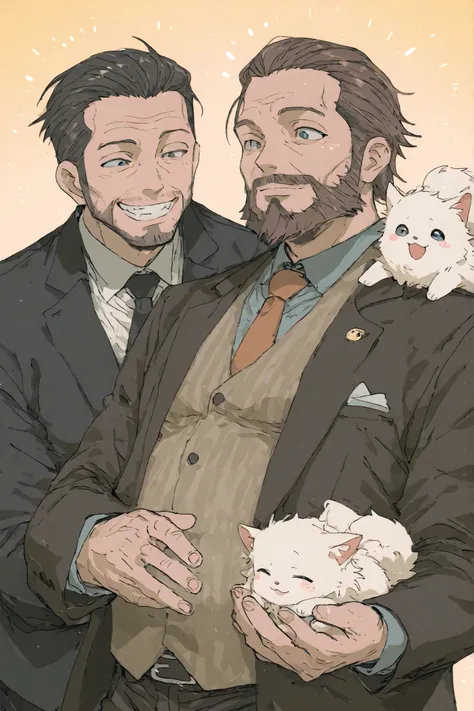 「The boss's pet 」。boss that no one can defy、dotes on a surprise ○○!?。 male、 middle-aged man、beard、Mafia boss with scary very scary face、They have、scary very scary face looks at his pet and has a happy smile。Cute Pets、Fluffy pet。