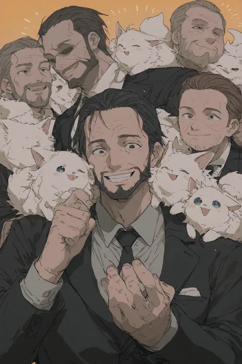 「The boss's pet 」。boss that no one can defy、dotes on a surprise ○○!?。 male、 middle-aged man、beard、Mafia boss with scary very scary face、They have、scary very scary face looks at his pet and has a happy smile。Cute Pets、Fluffy pet。