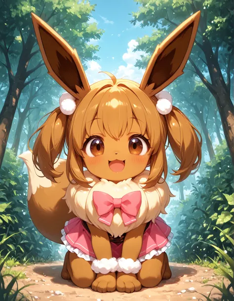 masterpiece, best quality, very aesthetic,, pokekid, eevee, fluffy girl, furry girl, female, smile, smiling, has a big pretty bow in her hair, has animal paws for hands, 1girl, best quality, outdoors, high definition, cute