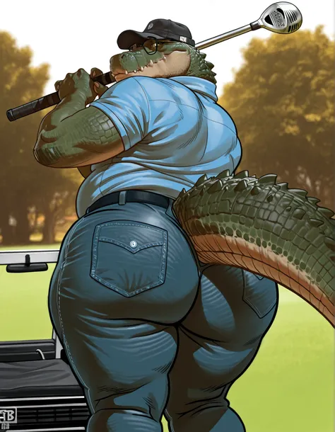 by paprikachunk, by Bruteandbrawn, by toragy, Crocodile, male, solo, grandpa, mature male, older male, glasses barazoku, chubby, thick thighs, thick tail, wide tail, tail aside, wide hips, big butt, butt focus, polo shirt, bucket hat, golfing, holding golf...