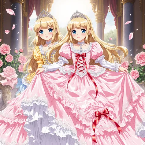 highest quality, masterpiece, highest resolution, artwork, super detailed, retro anime style,hi vision,((Two little girl is a princess,short body height:1.3)),blond long hair, Big Eyes,blue eyes,Long eyelashes, A gentle smile
,Lustrous lips ,She is skirt ...