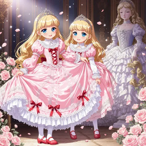 highest quality, masterpiece, highest resolution, artwork, super detailed, retro anime style,hi vision,((Two little girl is a princess,short body height:1.3)),blond long hair, Big Eyes,blue eyes,Long eyelashes, A gentle smile
,Lustrous lips ,She is skirt ...