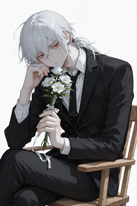 a handsome young man with silver white hair tied in a low ponytail at the nape of his neck, red eyes, pale skin, sitting on a wooden single chair, wearing a black formal suit (no skin exposure), resting his cheek on one hand, holding a neatly wrapped white...