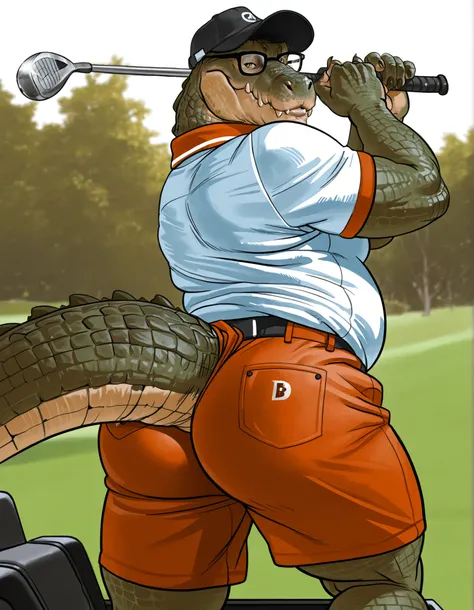 by paprikachunk, by Bruteandbrawn, by toragy, Crocodile, male, solo, grandpa, mature male, older male, glasses barazoku, chubby, thick thighs, thick tail, wide tail, tail aside, wide hips, big butt, butt focus, polo shirt, bucket hat, golfing, holding golf...
