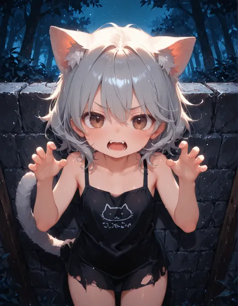 masterpiece, best quality, very aesthetic, 1girl,, petite, (skinny and frail:0.7), cat girl, against wall, stone wall, brown eyes,looking at viewer, grey hair, medium hair, messy hair, angry, (scared:0.4), (open mouth:0.5), fangs, hands up, (tearing up:0....