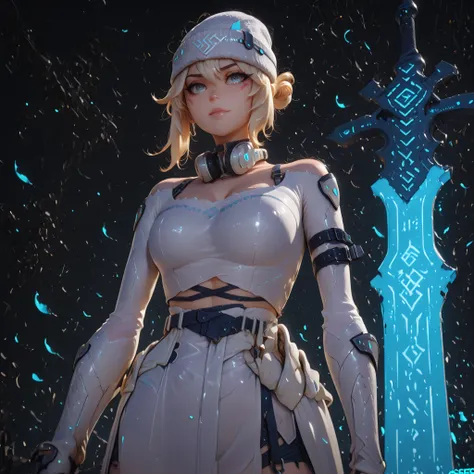 masterpiece, high resolution, 4k, best quality, solo female character, SAME as Kiriko K-pop (inspired by LE SSERAFIM Blue Frame), stylish white beanie, ultra-detailed, alone, light blonde hair with gray tones, short hair SAME as Kikiko (LE SSERAFIM), blue ...