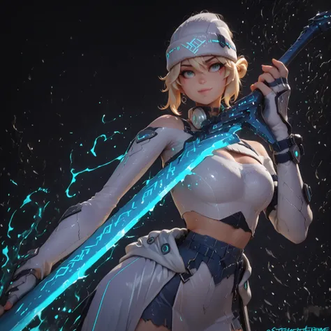 masterpiece, high resolution, 4k, best quality, solo female character, SAME as Kiriko K-pop (inspired by LE SSERAFIM Blue Frame), stylish white beanie, ultra-detailed, alone, light blonde hair with gray tones, short hair SAME as Kikiko (LE SSERAFIM), blue ...