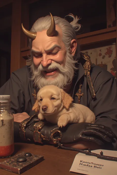 bossの愛らしいペット。権力を持つbossが、a scene where he dotes on an unexpectedly cute, small, and curious pet。his gentle expression and gentle hug、bossの威圧的な外見とペットの愛らしさのコントラストを生み出しています。boss:the bearded old man with horns on his forehead、Big Smiles。High Quality、real、Delica...