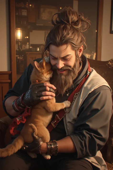 bossの愛らしいペット。権力を持つbossが、a scene where he dotes on an unexpectedly cute, small, and curious pet。his gentle expression and gentle hug、bossの威圧的な外見とペットの愛らしさのコントラストを生み出しています。boss:the bearded old man with horns on his forehead、Big Smiles。High Quality、real、Delica...