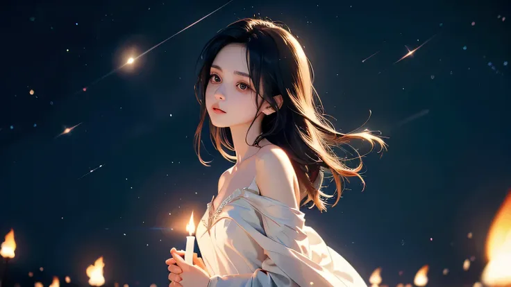 A cinematic 16:9 illustration of a melancholic young woman standing quietly beneath a starry evening sky. She wears a dark green off-the-shoulder dress and holds a small candle, its flickering flame softly illuminating her sad expression. Her long black ha...