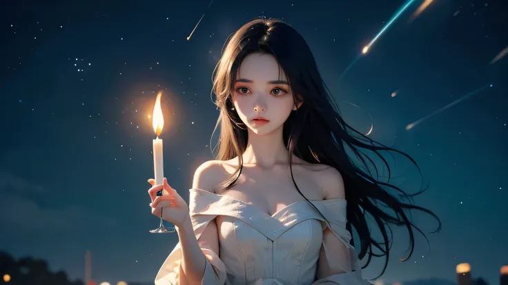 A cinematic 16:9 illustration of a melancholic young woman standing quietly beneath a starry evening sky. She wears a dark green off-the-shoulder dress and holds a small candle, its flickering flame softly illuminating her sad expression. Her long black ha...