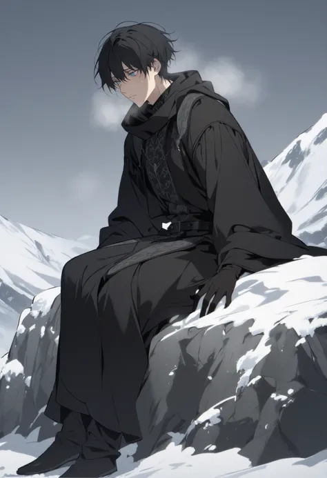 a single fair-skinned young man , short black hair and blue eyes , beautiful face, wearing black medieval clothes and a black winter robe with snow skin, wears black gloves, cold expression , On top of a snowy mountain
