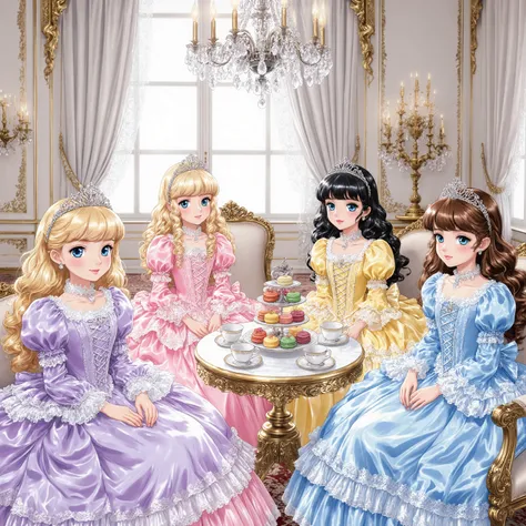 highest quality, masterpiece, highest resolution, artwork, super detailed, retro anime style,hi vision, Four Beautiful little Princesses, 12 years old,little girls, Big Eyes,blue eyes,Long eyelashes, A gentle smile,Lustrous lips ,,round hoop skirt,Lots of...