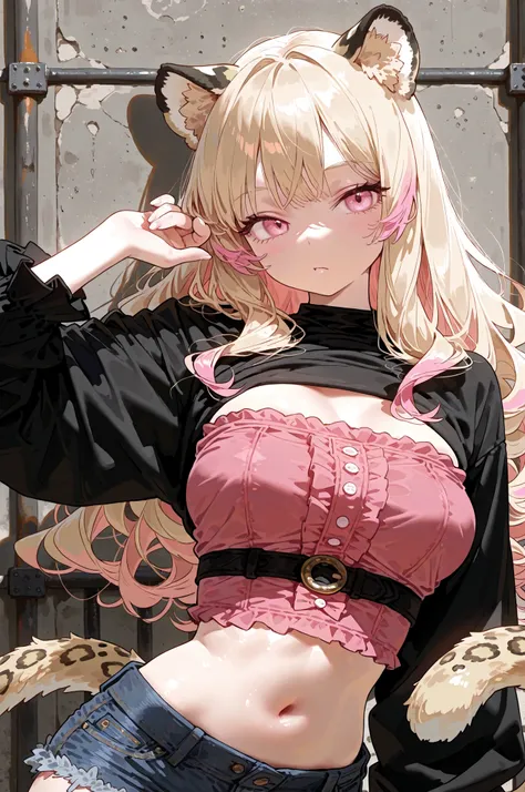 1 girl High Quality Ultimate Masterpiece giant object Shining Blonde pink hair tips Wavy hair ends voluminous eyelashes pink eyes (Beast Years Leopard Ears 金色の Beast Years Golden tail leopard tail) (black bolero oversized top Denim Hot Pants) arm down po...