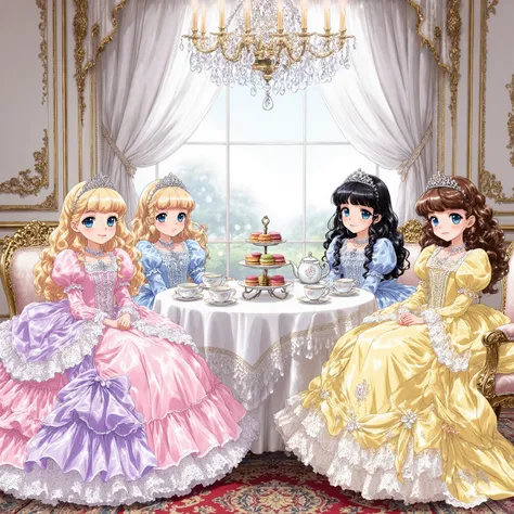 highest quality, masterpiece, highest resolution, artwork, super detailed,((retro anime style,anime screencap,hi vision:1.0)), Four Beautiful little Princesses, 12 years old,little girls, Big Eyes,blue eyes,Long eyelashes, A gentle smile,,round hoop skirt...