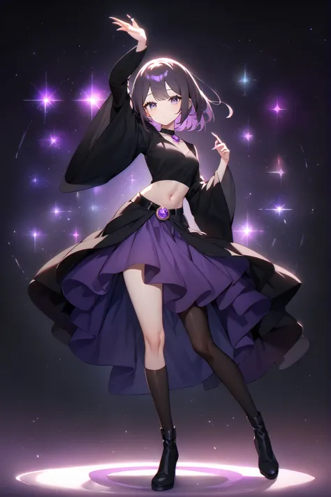 Girl:
Hair: Long, beautiful, slightly messy purple hair, styled beautifully, straight and reaching to her hips.

Eyes: Calm, gentle gaze, beautiful eyelashes, beautiful, starry-eyed purple eyes, innocent and sweet.

Body: Slender, pretty, with nice curves,...