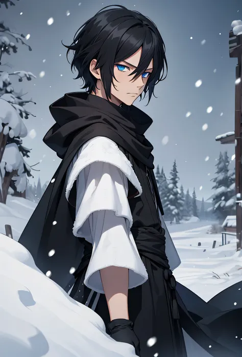 one man, Semi realistic anime style short black hair and blue eyes }, wearing black medieval clothes and a black winter robe with snow skin, wears black gloves, cold expression , in a snowy landscape
