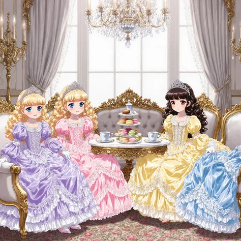 highest quality, masterpiece, highest resolution, artwork, super detailed,((retro anime style,anime screencap,hi vision:1.2)), Four Beautiful little Princesses, 12 years old,little girls, Big Eyes,blue eyes,Long eyelashes, A gentle smile,open mouth,round ...