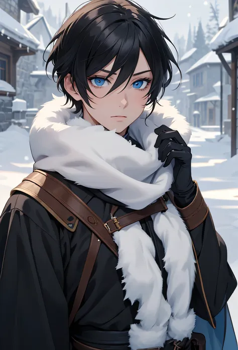 A single man anime style semi-realistic short black hair and blue eyes , beautiful face, He wears black medieval European clothes and a black winter tunic with snow skin, wears black gloves,  cold expression ,  in a snowy landscape 