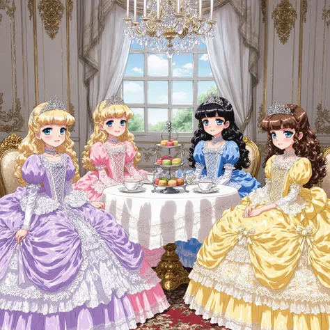 highest quality, masterpiece, highest resolution, artwork, super detailed,((retro anime style,anime screencap,hi vision:1.5)), Four Beautiful little Princesses, 12 years old,little girls, Big Eyes,blue eyes,Long eyelashes, A gentle smile,open mouth,round ...