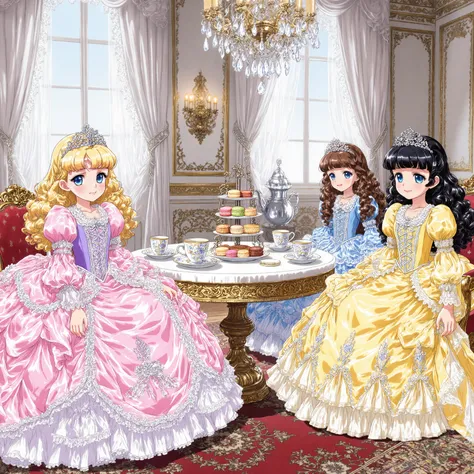 highest quality, masterpiece, highest resolution, artwork, super detailed,((retro anime style,anime screencap,hi vision:1.5)), Four Beautiful little Princesses, 12 years old,little girls, Big Eyes,blue eyes,Long eyelashes, A gentle smile,open mouth,round ...