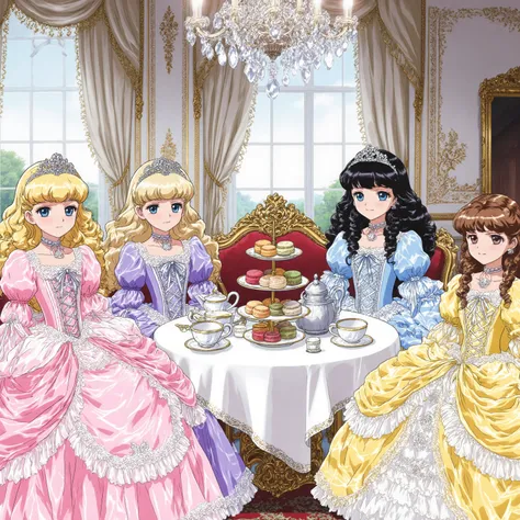 highest quality, masterpiece, highest resolution, artwork, super detailed,((retro anime style,anime screencap,hi vision:1.5)), Four Beautiful little Princesses, 12 years old,little girls, Big Eyes,blue eyes,Long eyelashes, A gentle smile,open mouth,round ...