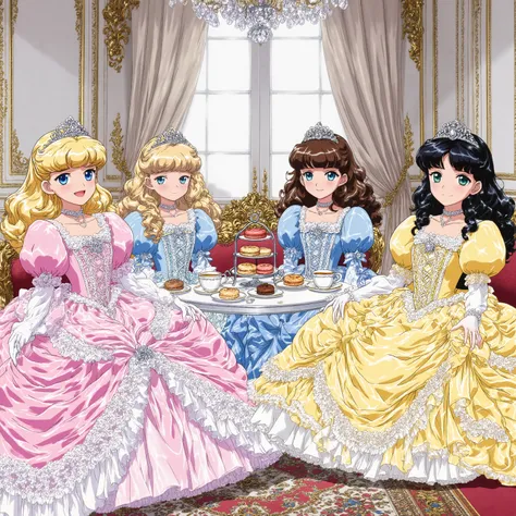 highest quality, masterpiece, highest resolution, artwork, super detailed,((retro anime style,anime screencap,hi vision:1.5)), Four Beautiful little Princesses, 12 years old,little girls, Big Eyes,blue eyes,Long eyelashes,(( happy smile,open mouth:1.0)),r...