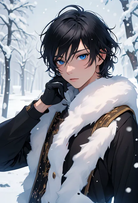 A single man anime style semi-realistic short black hair and blue eyes, He wears black medieval European clothes and a black winter tunic with snow skin, wears black gloves, cold expression , in a snowy landscape 