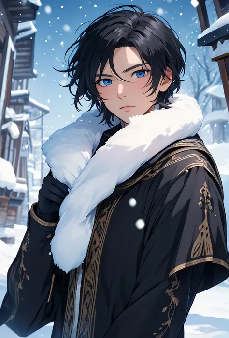 A single man anime style semi-realistic short black hair and blue eyes, He wears black medieval European clothes and a black winter tunic with snow skin, wears black gloves, cold expression , in a snowy landscape 