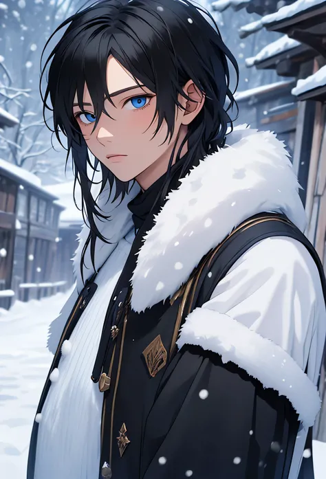 A single man anime style semi-realistic short black hair and blue eyes, He wears black medieval European clothes and a black winter tunic with snow skin, wears black gloves, cold expression , in a snowy landscape 