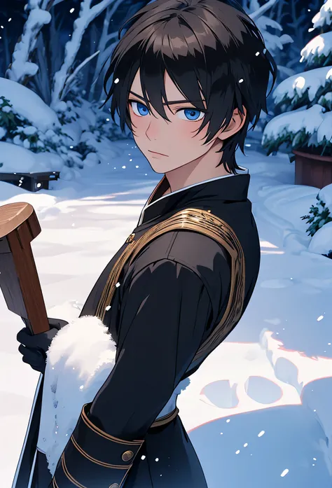 A single man anime style semi-realistic short black hair and blue eyes, He wears black medieval European clothes and a black winter tunic with snow skin, wears black gloves, cold expression , in a snowy landscape