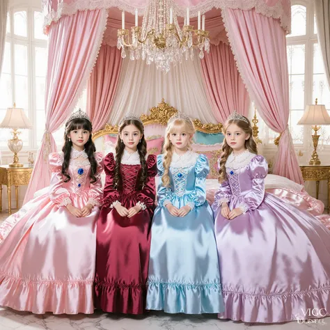 Realistic photo,Luxurious palace bedroom, 4 beautiful little princesses gathered on a huge canopy bed,((little girls, 12 years old:1.2)),sophisticated atmosphere like a fashion photo Princesses' costumes:
- Princess in Pink Dress: Blonde Elegant Up Hair, ...