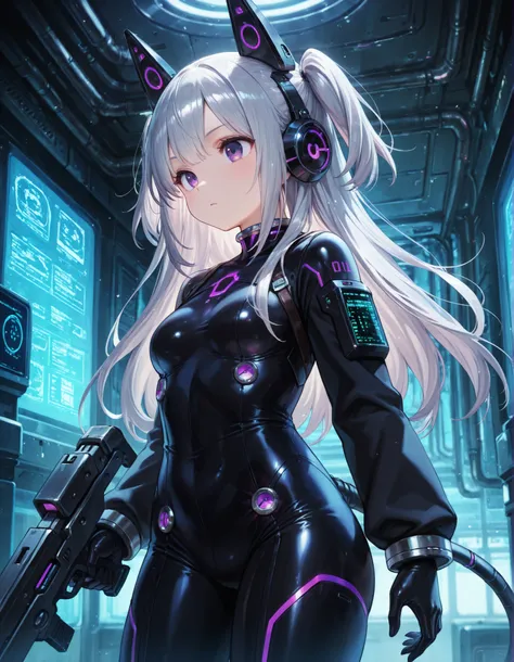 masterpiece, best quality, very aesthetic, 1girl,, silver hair, two side up, purple eyes, plug bodysuit, black suit, sci-fi, indoors, gun, mechanical ears, from side