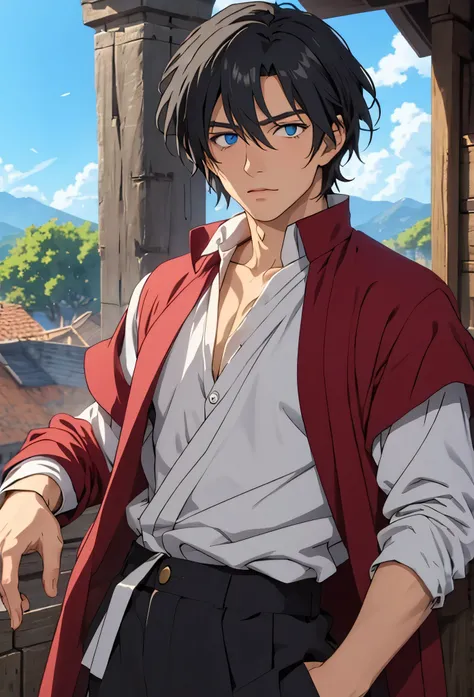 A single man anime style semi-realistic short black hair and blue eyes, He wears poor medieval European clothes